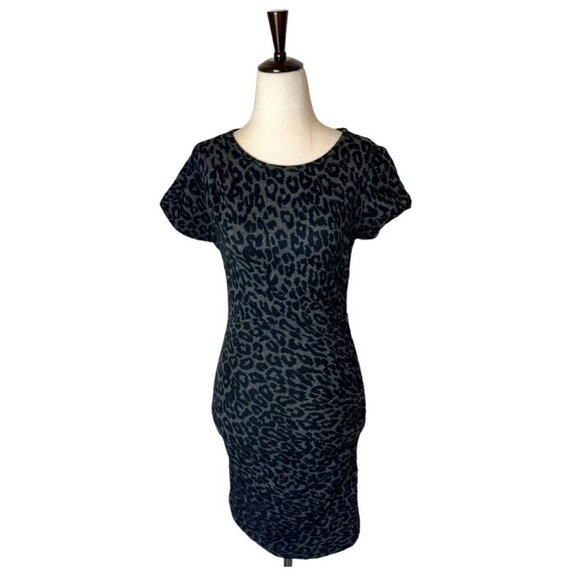 Sea New York‎ Dress Women 0 Black Gray Leopard Print Knit Sheath Ruched Mini - Picture 1 of 10